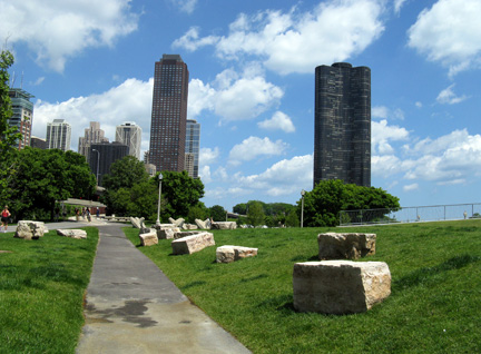 David Woodhouse makes a building disappear at DuSable Harbor, Chicago